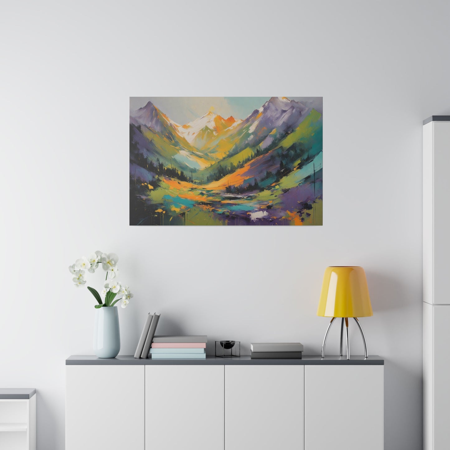 Imagine a vibrant, abstract print of the Sierra Nevada Mountains. The valley is awash with bold, sweeping colors bright oranges, and vivid purples—creating a sense of dynamic movement and energy. These intense hues blend and transition seamlessly, forming a dramatic tapestry that flows upward.