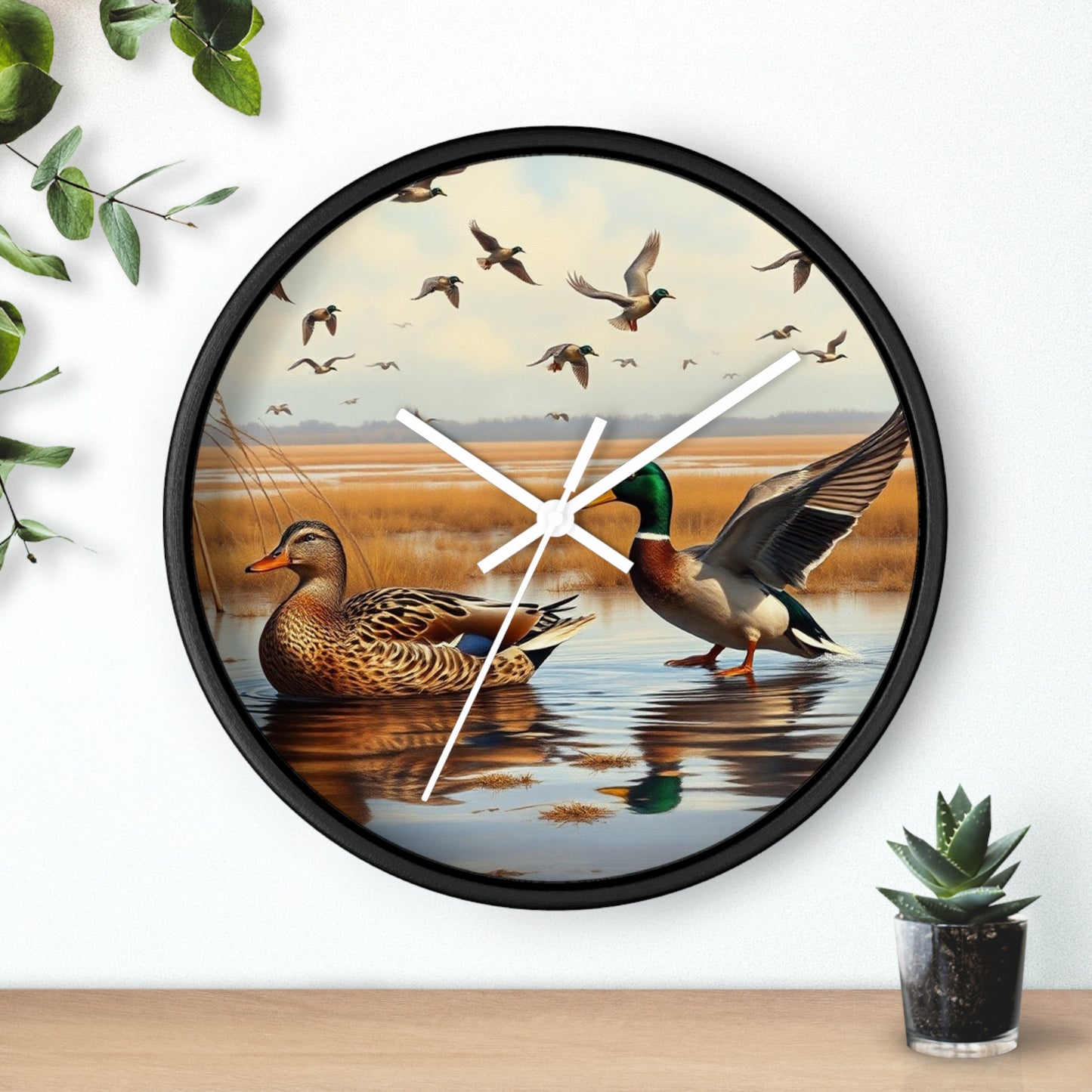 This collection of waterfowl art wall clocks brings the beauty of wetlands into your space, each clock featuring a meticulously crafted scene of waterfowl in natural settings.