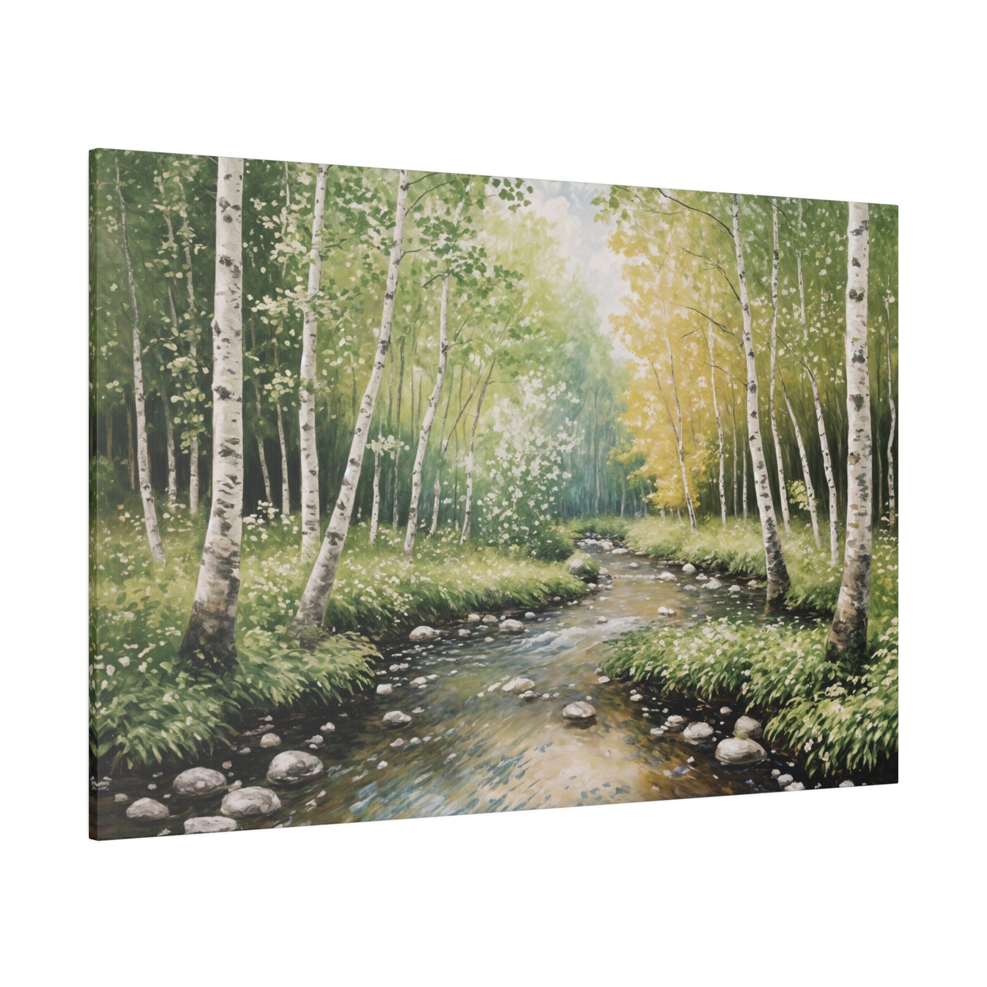 Strean Runs Through Birch Wood Forest Print