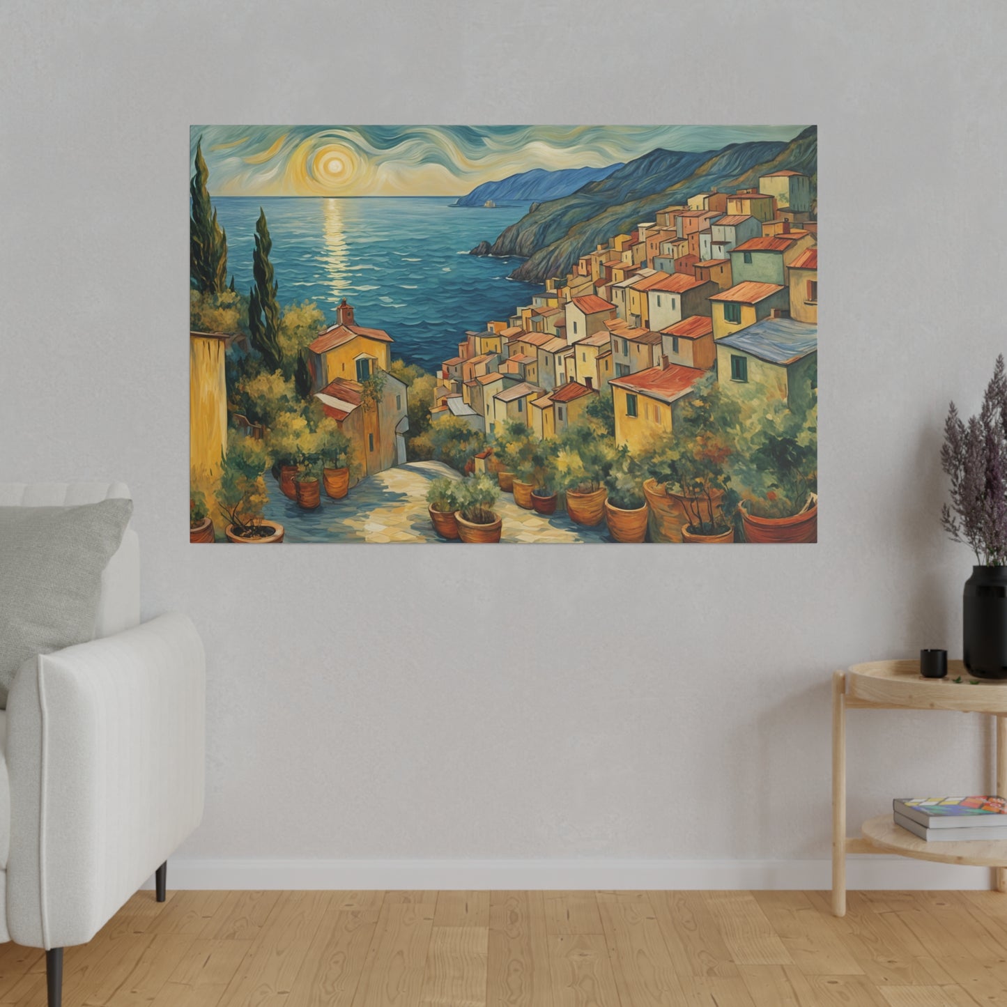 This print evokes a sense of tranquility and wonder, capturing the serene beauty of the Italian coast at sunrise. Van Gogh’s unique style infuses the scene with energy and emotion, making the viewer feel the warmth of the rising sun, the gentle breeze from the ocean, and the timeless charm of the coastal town. The combination of vivid colors, dynamic brushstrokes, and harmonious composition creates a captivating and immersive experience, transporting the viewer to this idyllic seaside retreat.