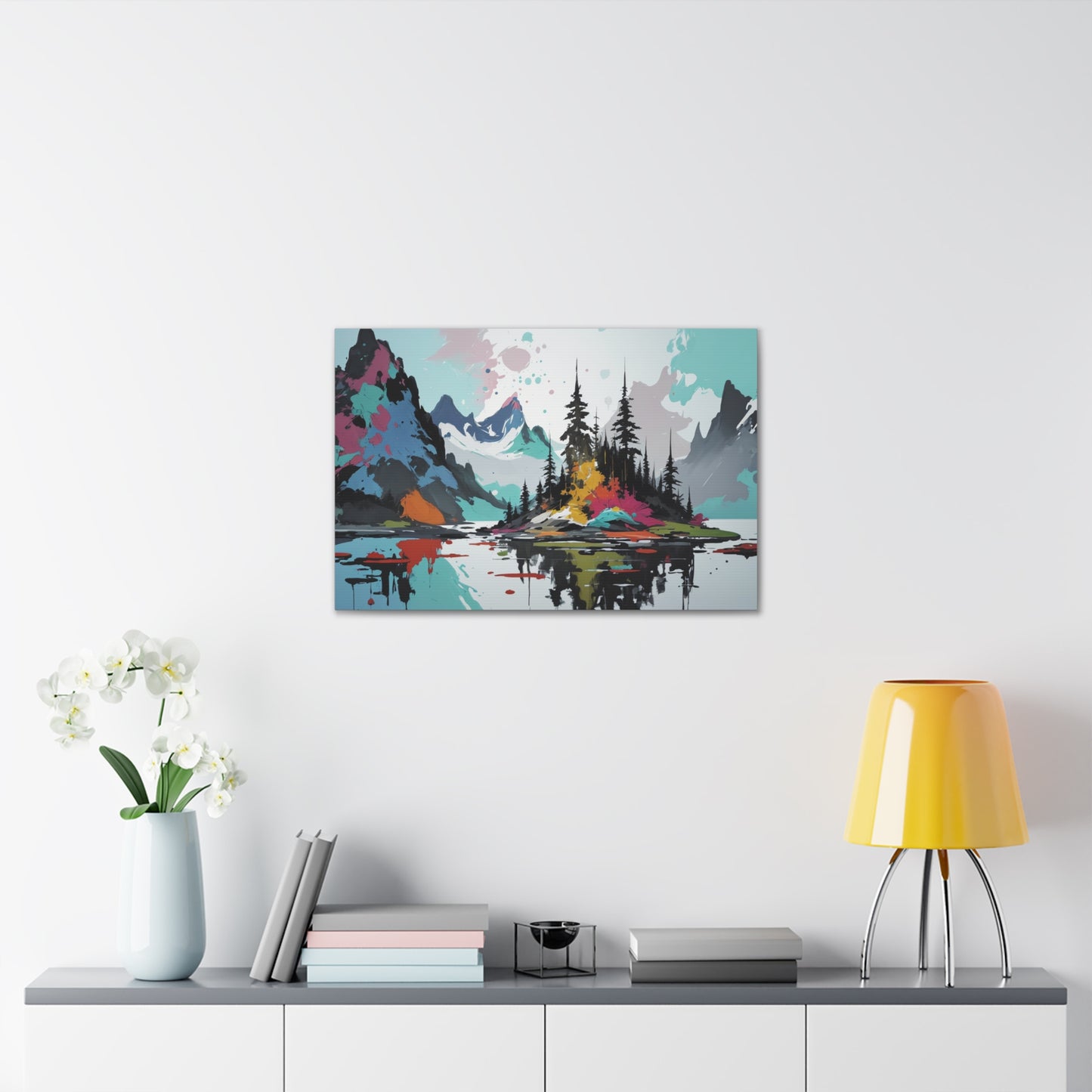 Bring a harmonious blend of art and nature into your home with "Mystic Beauty of Spirit Island." The artist’s abstract approach transforms the familiar landscape into a vibrant and imaginative scene, where colors and forms dance together in perfect harmony. The serene waters, mountains and majestic trees of Spirit Island are reimagined in a way that sparks curiosity and wonder. This print is a versatile addition to any decor, enhancing both modern and traditional interiors with its unique and captivating de