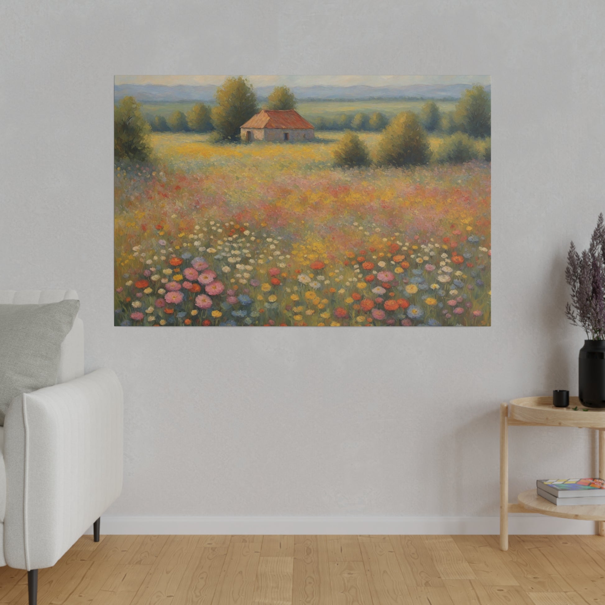 Step into the enchanting world of "Wildflower Symphony," a captivating print that celebrates the vibrant beauty of a field filled with wildflowers. This stunning piece of art effortlessly blends a variety of soft colors, including blues, violets, purples, and yellows, creating a serene and mesmerizing landscape.