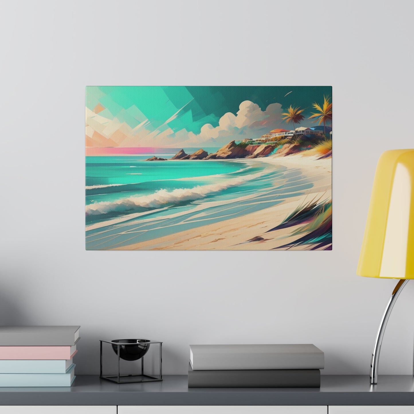 Perfect for those who love tropical themes and the soothing colors of a sunset, this print brings a sense of peace and relaxation to your space. It’s ideal for living rooms, bedrooms, or any area where you want to create a calm and inviting ambiance. The combination of the pink beach, palm trees, and sunset evokes the feeling of a tropical paradise, transporting you to a serene and idyllic setting.