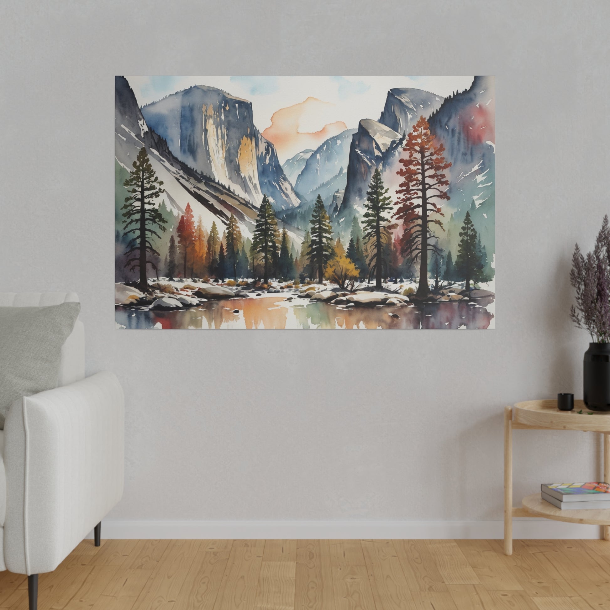 This stunning abstract canvas print, titled "Ethereal Granite Majesty," captures the awe-inspiring beauty of Yosemite National Park through an abstract watercolor imaginative lens. The artwork reimagines the iconic granite cliffs and lush valleys in a burst of vibrant, swirling colors that merge and dance across the canvas.