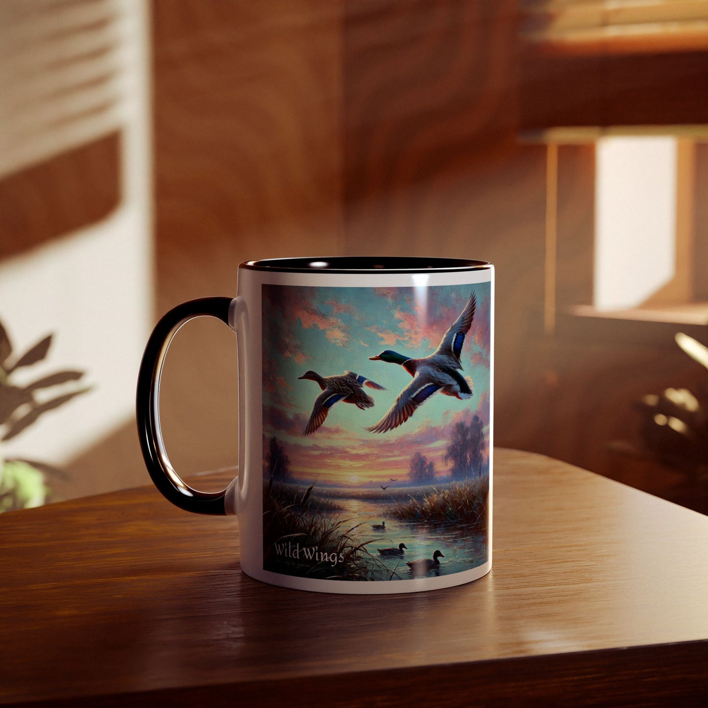 Morning Flight Through the Marsh - Duck Print Two-Tone Coffee Mug, 11oz