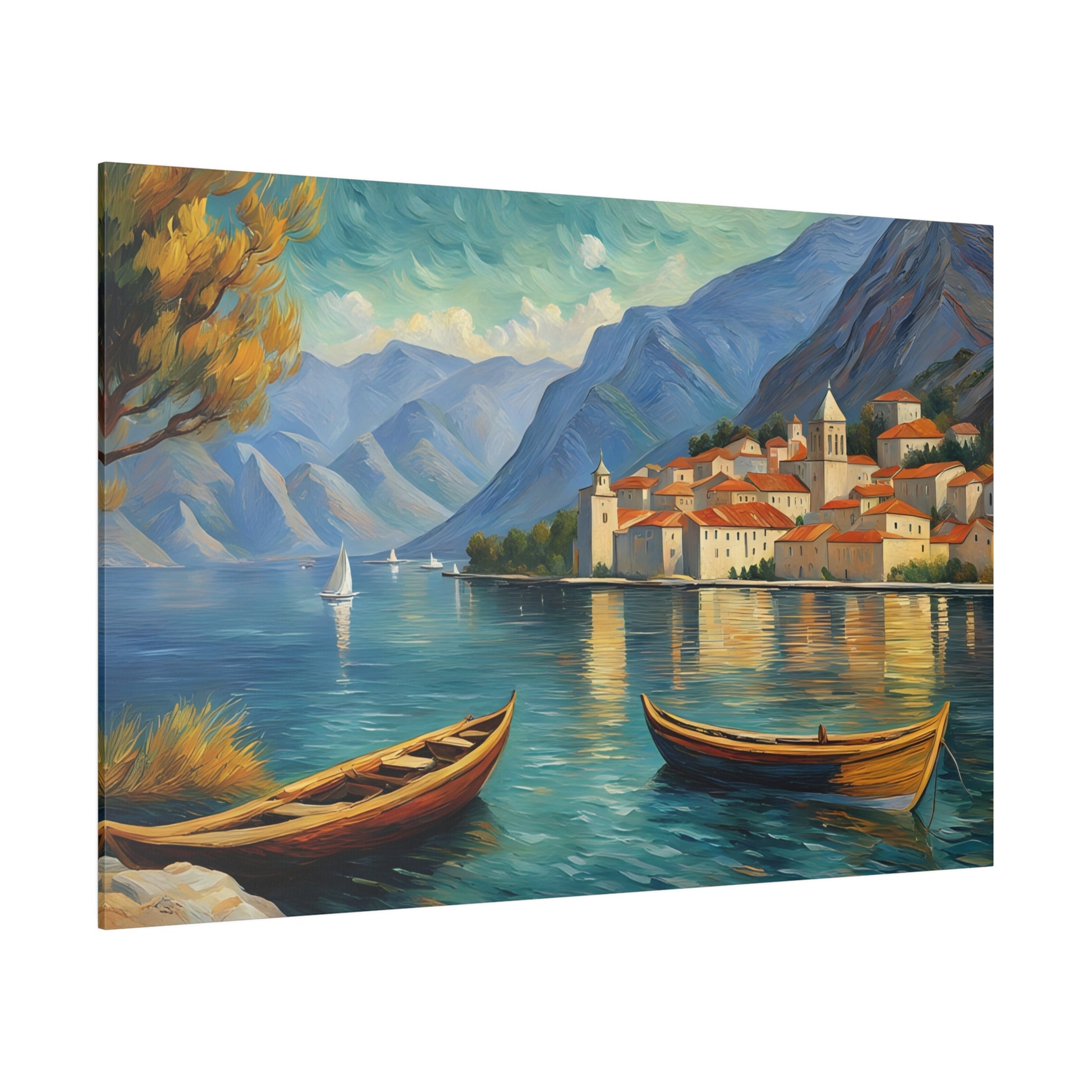 Van Gogh Style The Bay of Kotor, nestled along the Adriatic coast of Montenegro, is a breathtakingly beautiful fjord-like inlet surrounded by towering mountains and dotted with charming medieval towns. Often referred to as Europe's southernmost fjord, this UNESCO World Heritage Site captivates visitors with its stunning natural scenery and rich cultural heritage.