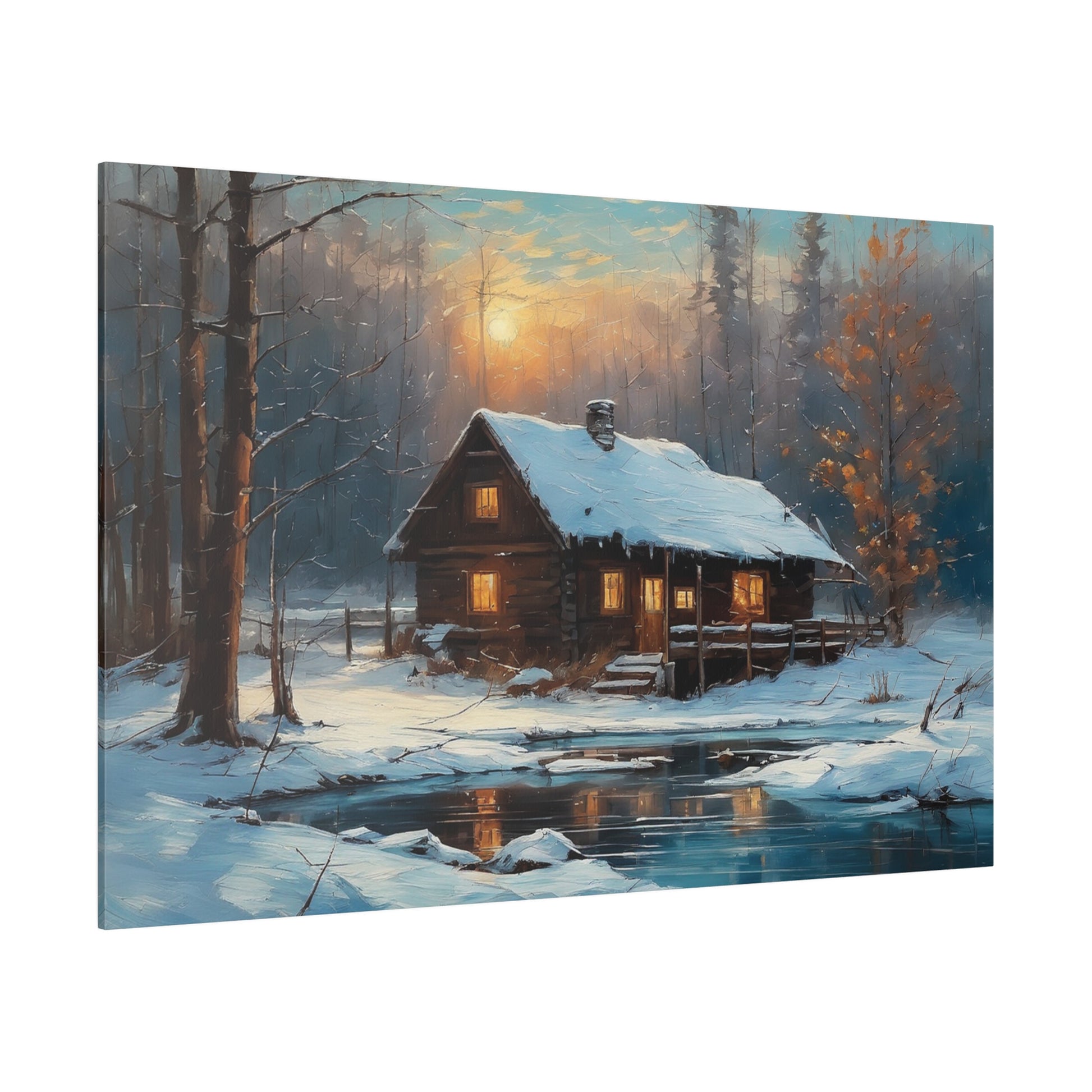 Invite the warmth and tranquility of a winter wonderland into your home with this Cozy Old Cabin in the Woods Wall Art Print. This enchanting artwork captures the serene beauty of a snow-covered landscape, where a warmly lit cabin nestles among trees beside a tranquil pond, evoking a sense of peace