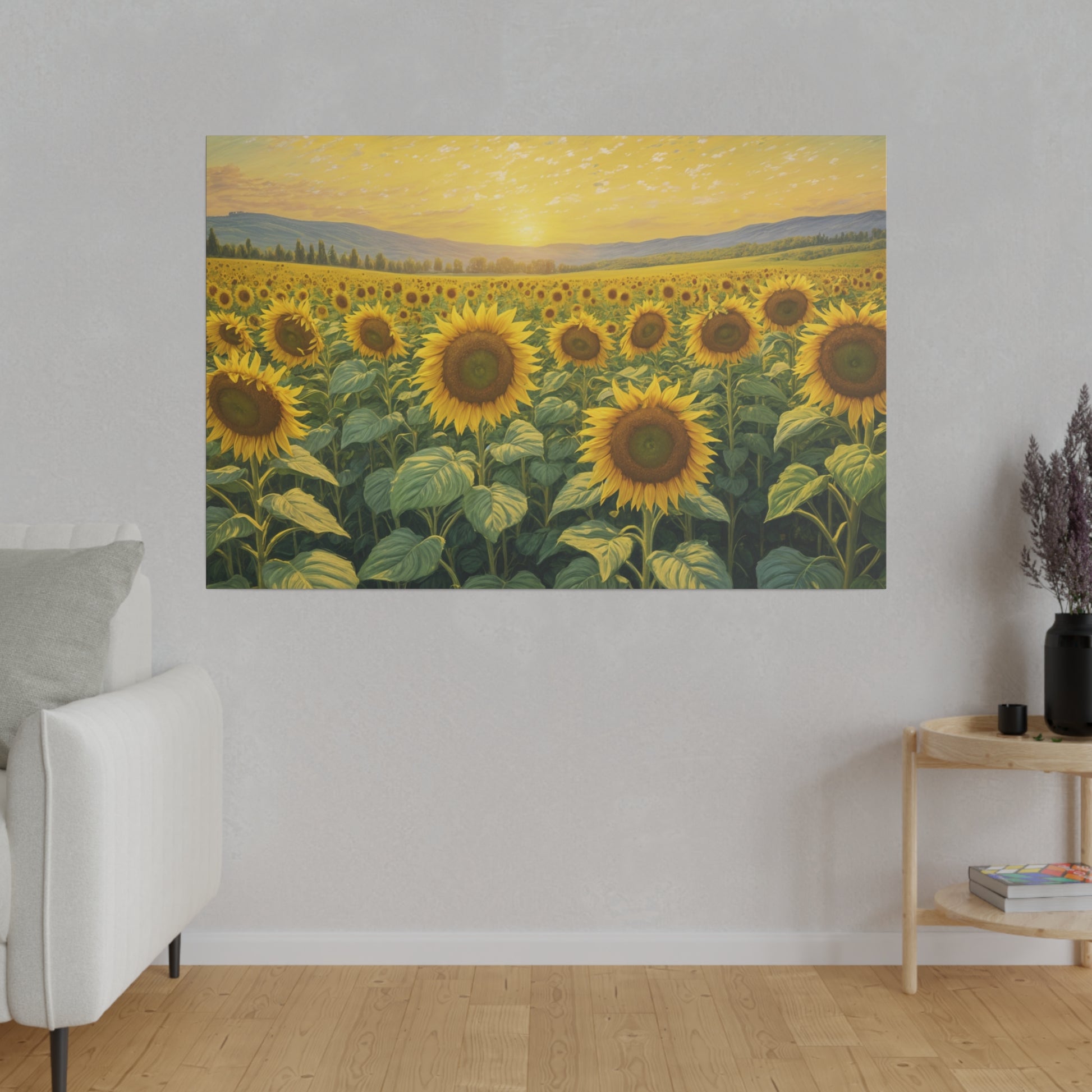 Bask in the golden glow of "Sunrise in Sunflower Valley," an enchanting impressionist print that captures the radiant beauty of a sunflower field at dawn. This exquisite artwork showcases sunflowers bathed in the soft, warm light of the rising sun, while a gentle haze blankets the high rolling hills in the background. Perfect for bringing a touch of warmth and natural splendor to any space, this print transforms your decor into a vibrant and serene haven.