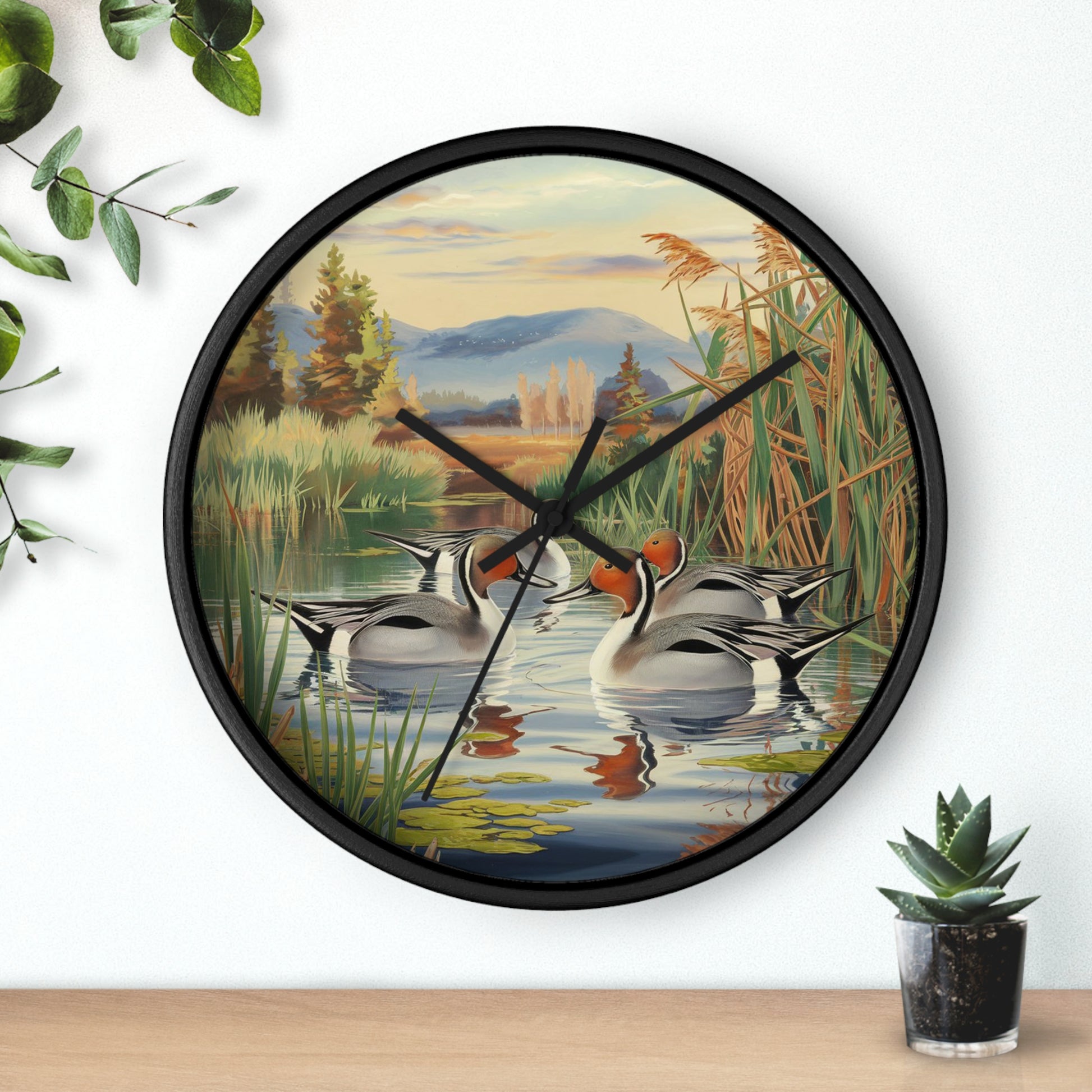 This collection of waterfowl art wall clocks brings the beauty of wetlands into your space, each clock featuring a meticulously crafted scene of waterfowl in natural settings.