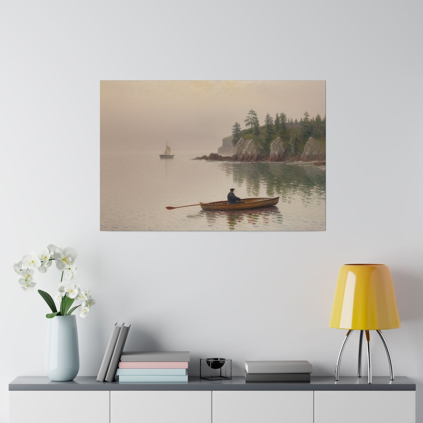 Introducing our evocative impressionism wall art print, capturing the serene journey of an old man on a canoe gliding through tranquil waters along majestic cliffs under a hazy morning sky. This print is a perfect addition to any room, offering a contemplative and peaceful focal point that inspires introspection and appreciation for the beauty of nature and life's quiet moments.