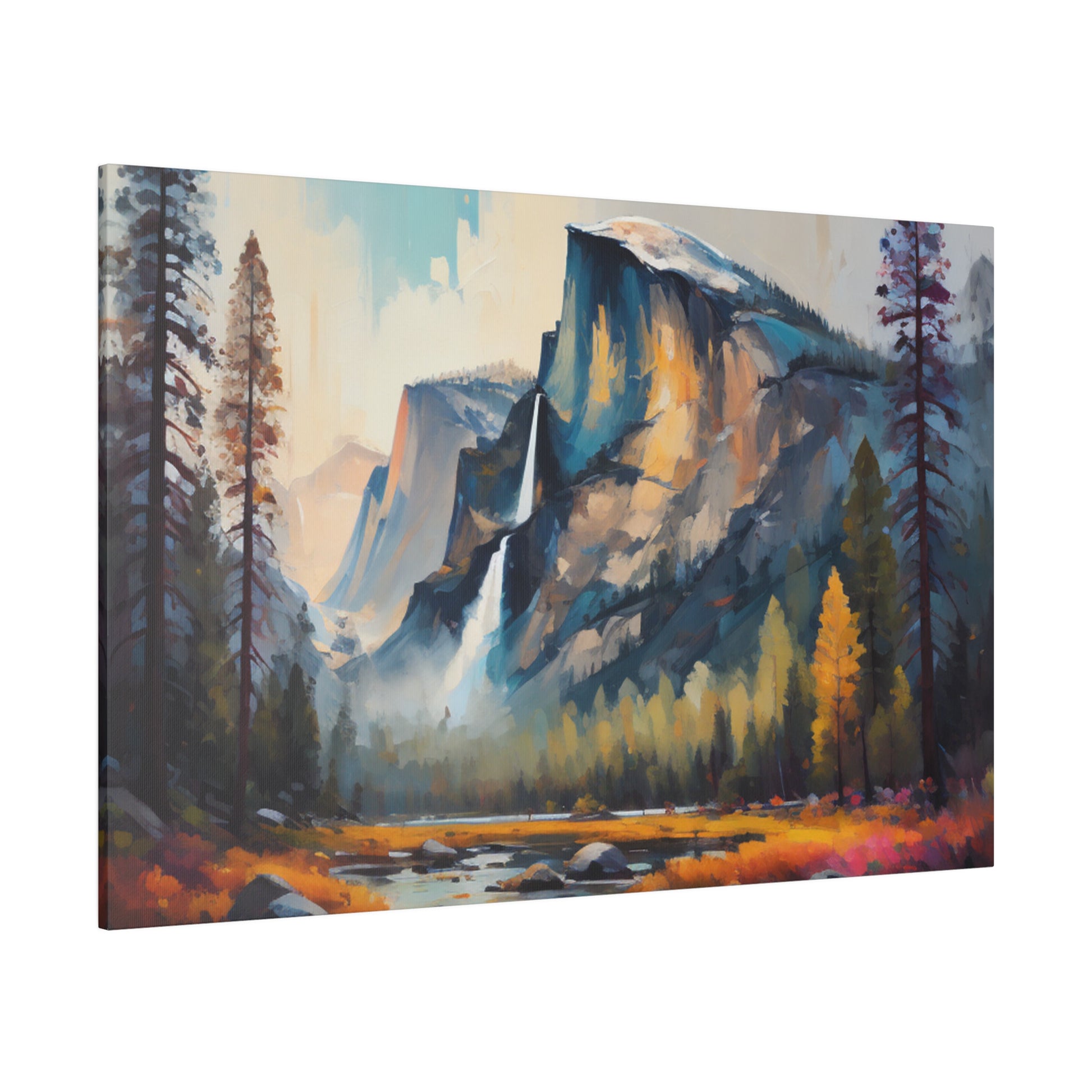 This stunning abstract canvas print, titled "Ethereal Granite Majesty," captures the awe-inspiring beauty of Yosemite National Park through a contemporary and imaginative lens. The artwork reimagines the iconic granite cliffs and lush valleys in a burst of vibrant, swirling colors that merge and dance across the canvas.