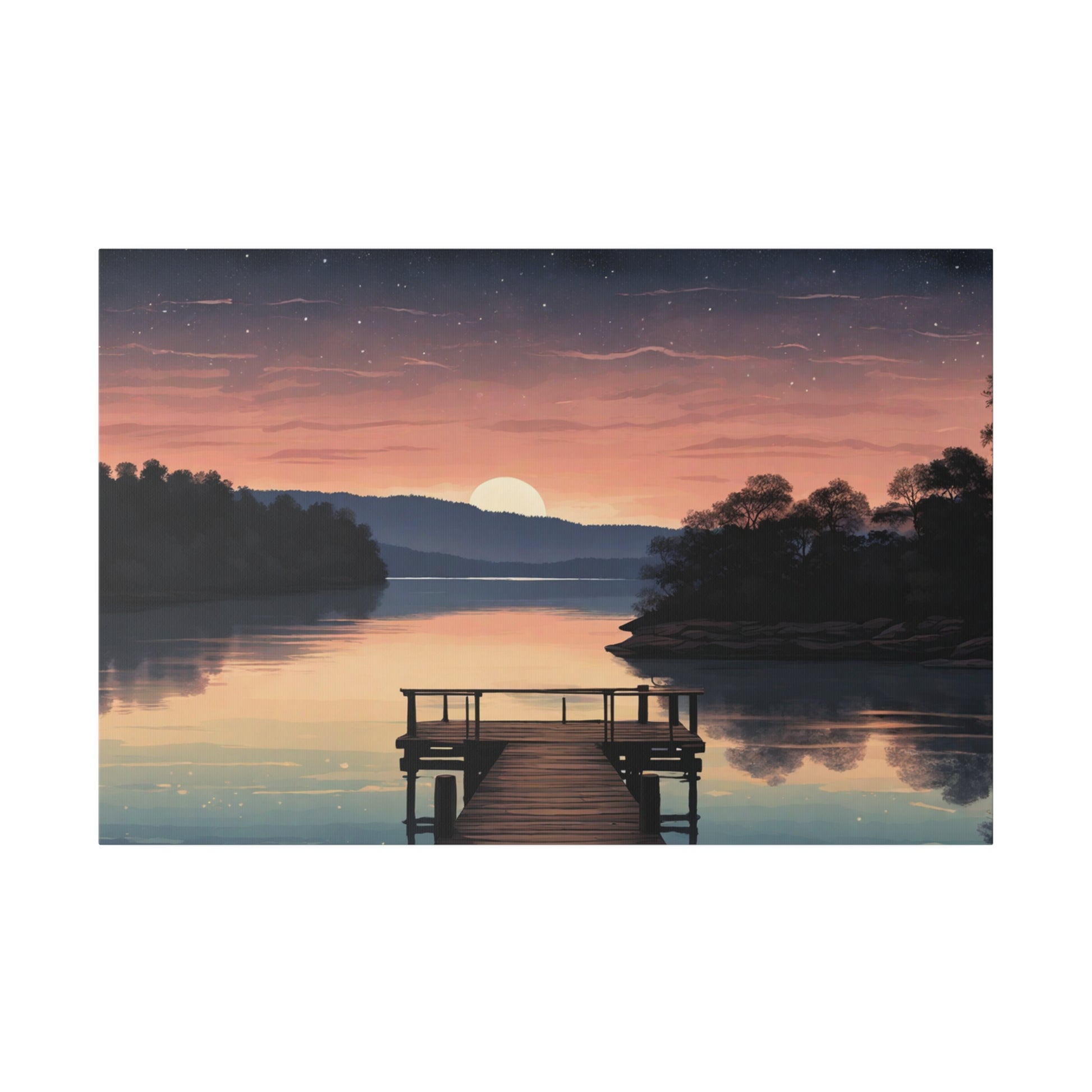 A serene sunset casts warm hues over a smooth lake, with a wooden dock leading into the still water. Stars begin to pepper the dusk sky as the final slice of the sun dips behind a distant tree-lined horizon. Tranquil Serenity Lake Canvas Print