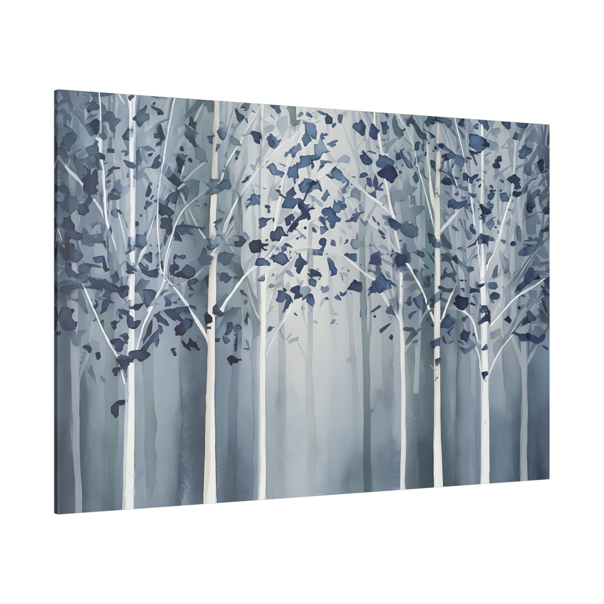 A serene grove of slender trees stands shrouded in mist, their leaves a cool tapestry of blues against the muted backdrop. The scene evokes a tranquil and somewhat mystical forest atmosphere, with the trees fading into the white foggy distance.