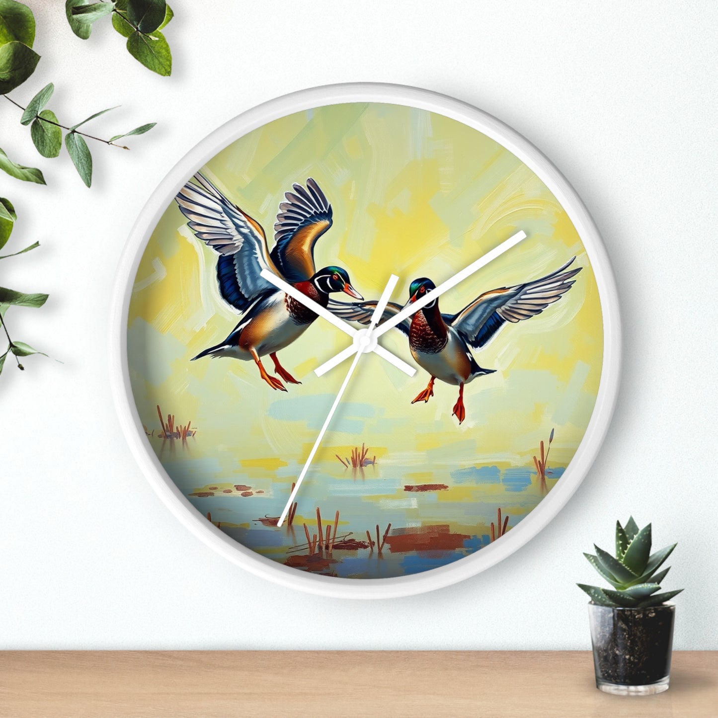 This collection of waterfowl art wall clocks brings the beauty of wetlands into your space, each clock featuring a meticulously crafted scene of waterfowl in natural settings.