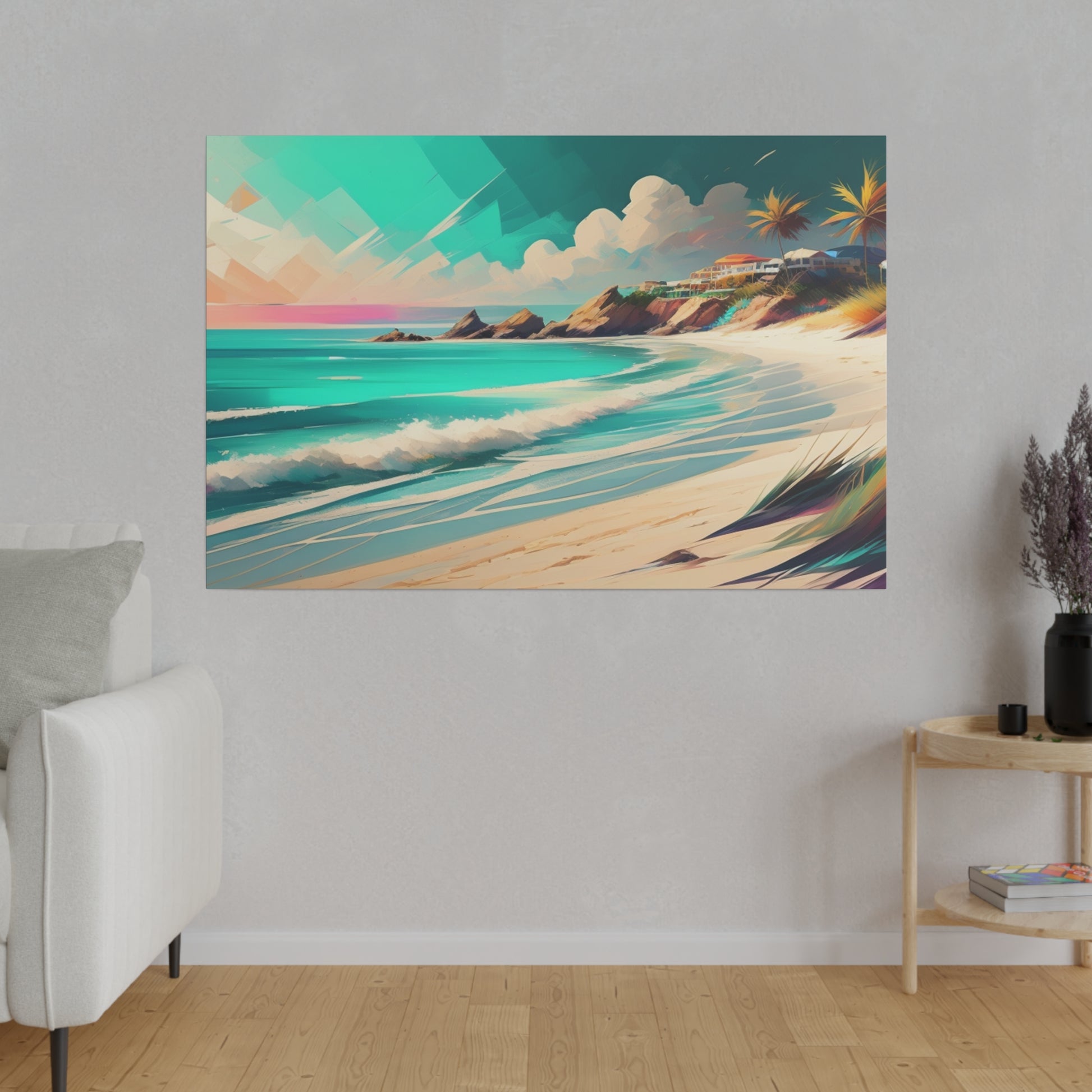 Perfect for those who love tropical themes and the soothing colors of a sunset, this print brings a sense of peace and relaxation to your space. It’s ideal for living rooms, bedrooms, or any area where you want to create a calm and inviting ambiance. The combination of the pink beach, palm trees, and sunset evokes the feeling of a tropical paradise, transporting you to a serene and idyllic setting.