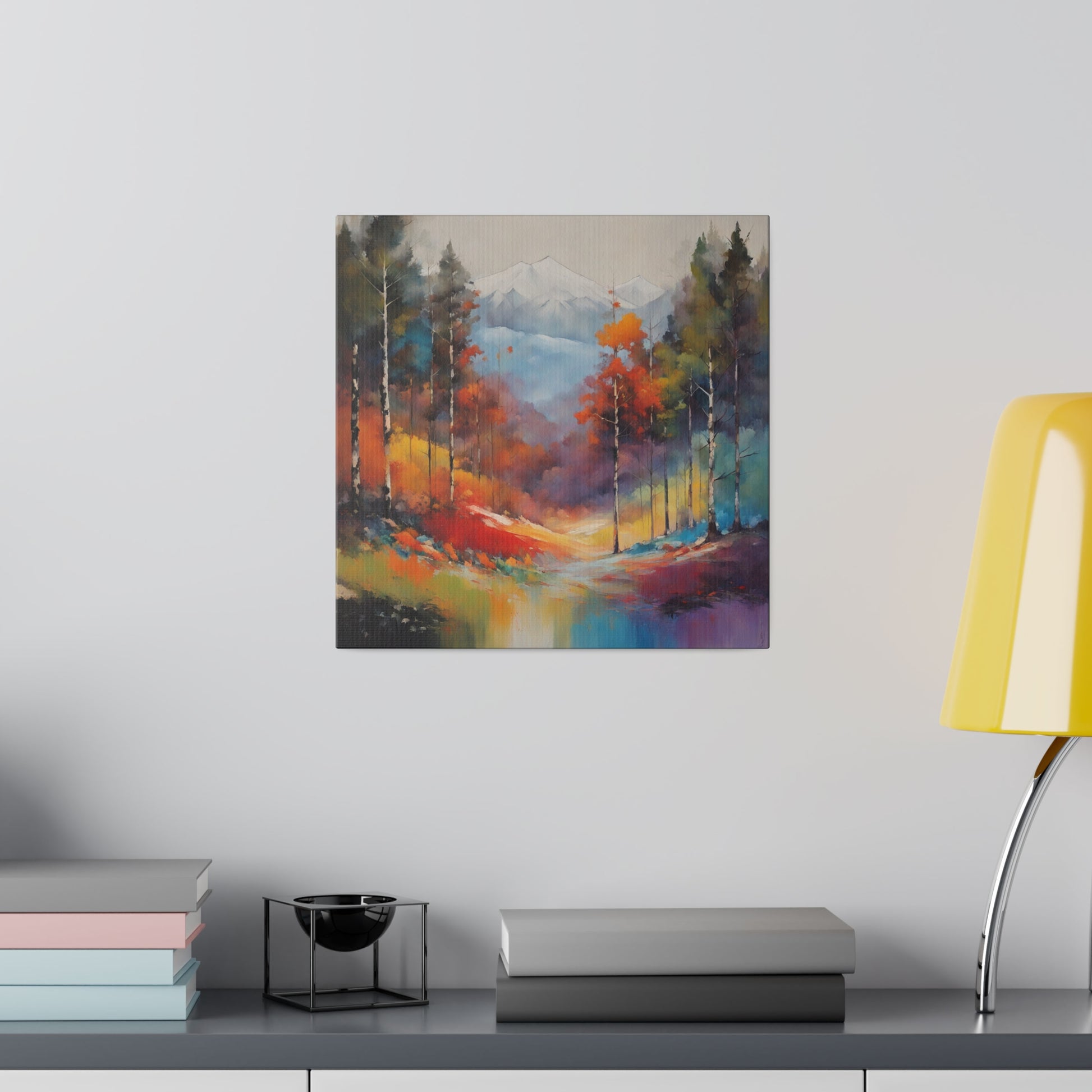 Forest and Snow Cap Mountain Canvas Print is an evocative abstract canvas print that transports viewers to a serene forest trail, flanked by towering snow-capped mountains in the distance. This artwork blends the tranquility of a wooded path with the majestic beauty of alpine heights, captured through a modern and abstract artistic lens.