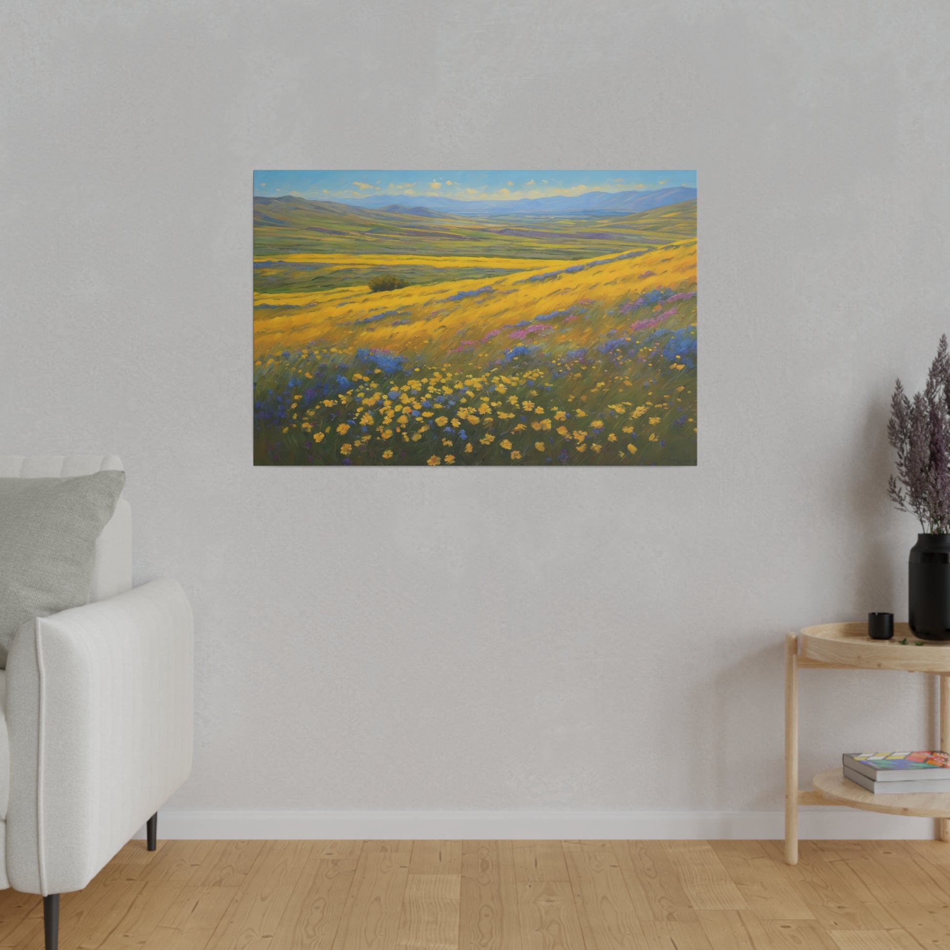 California Carrizo Plain Super Bloom. A vast landscape is covered with vibrant yellow wildflowers, stretching toward rolling hills on the horizon. Blue and purple flowers add a dash of contrasting color against the golden yellow bloom and green grasses swaying under a clear sky.