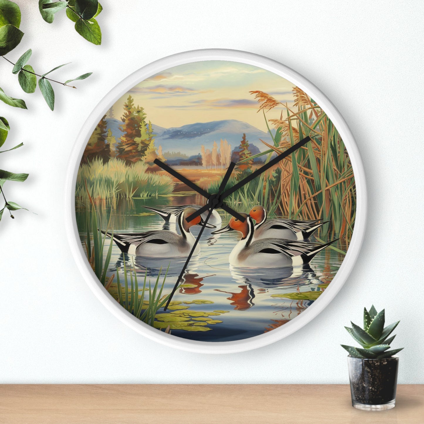 This collection of waterfowl art wall clocks brings the beauty of wetlands into your space, each clock featuring a meticulously crafted scene of waterfowl in natural settings.