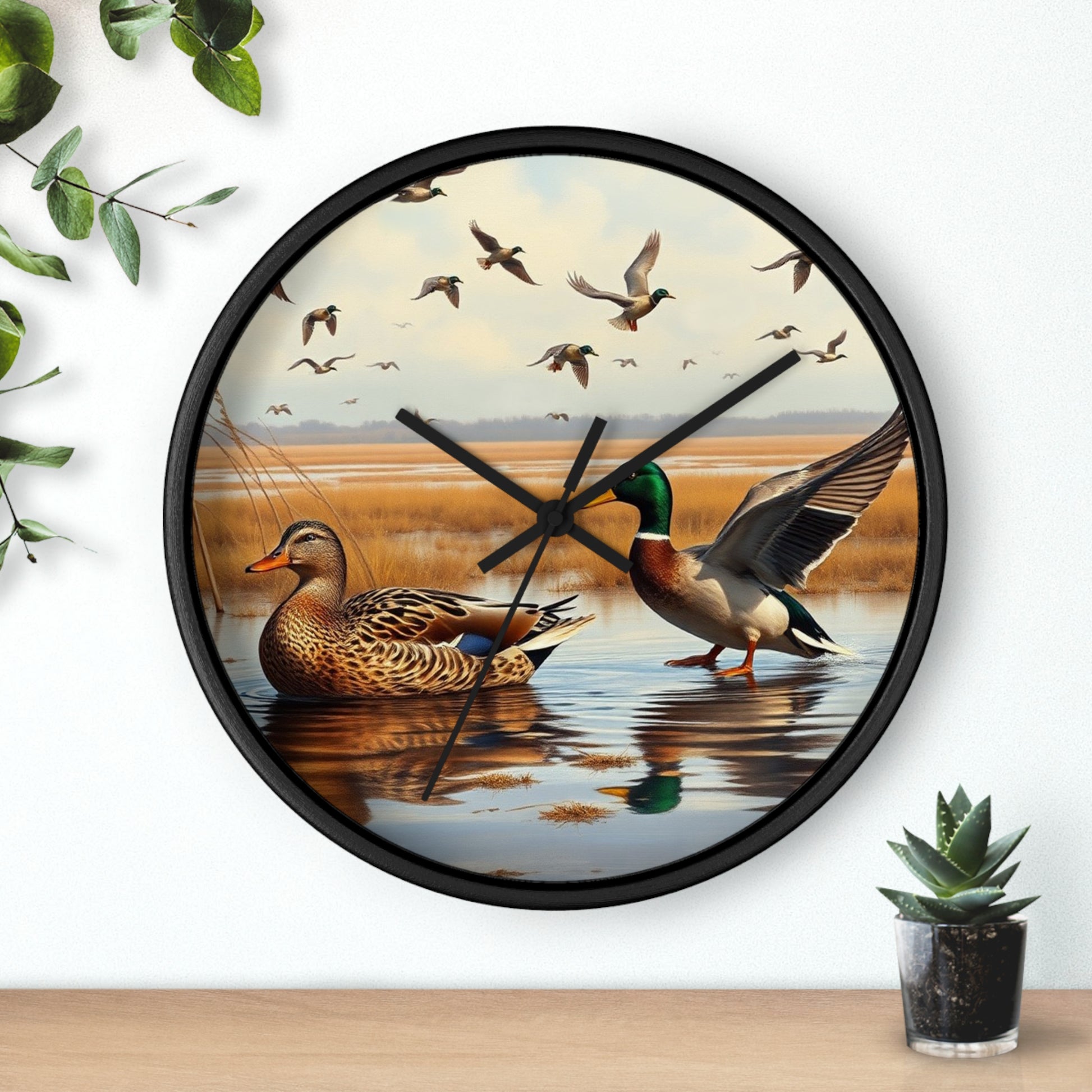 This collection of waterfowl art wall clocks brings the beauty of wetlands into your space, each clock featuring a meticulously crafted scene of waterfowl in natural settings.