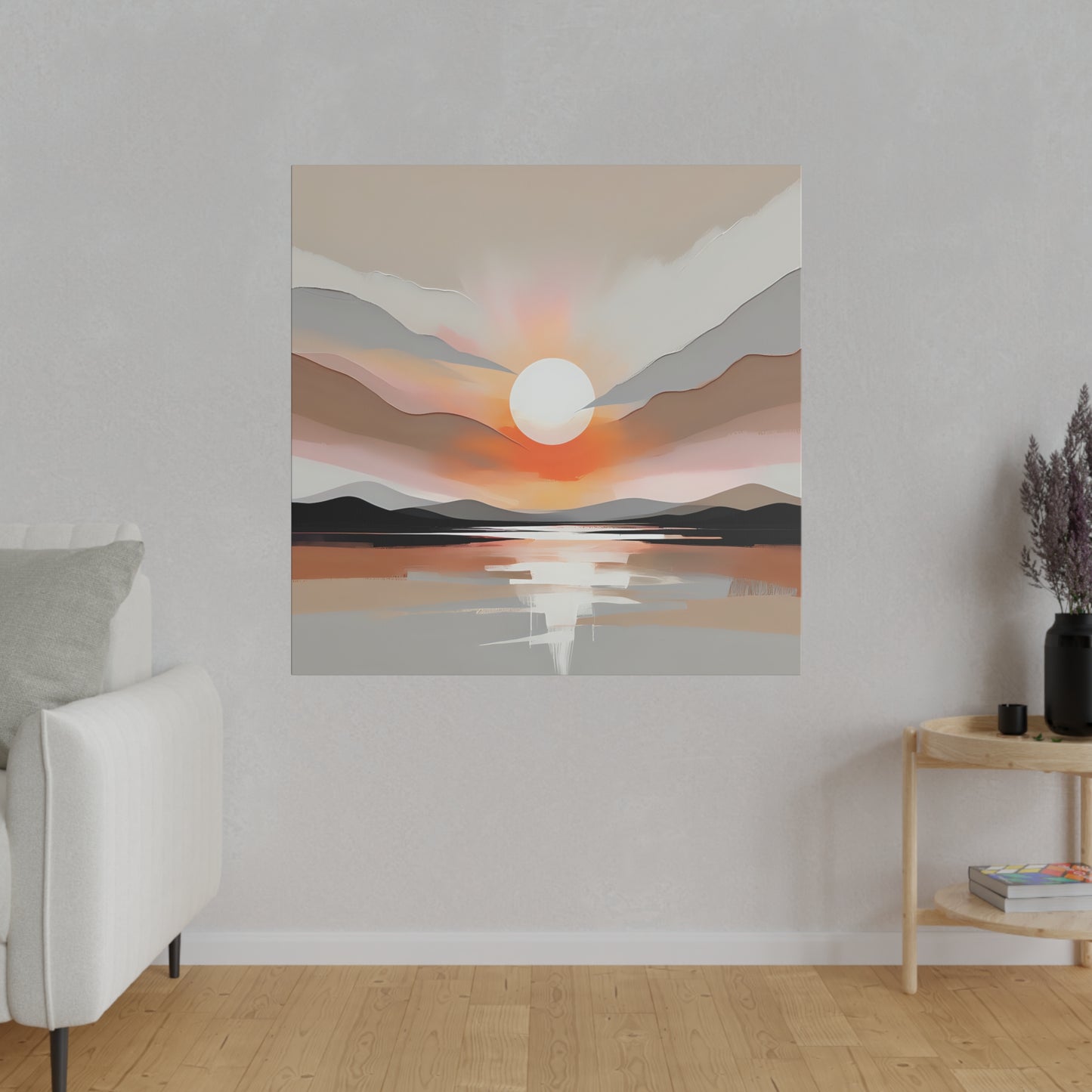 "Sunset Serenity" is an abstract print that captures the enchanting beauty of a sunset over rolling hills and mountains. This piece evokes a sense of calm and wonder, blending vivid colors and fluid forms to create a mesmerizing landscape.