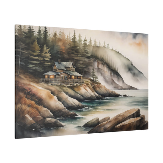 A cozy cabin with lit windows nestles on the edge of a wooded coastline, overlooking a cold and rocky shore. Mist clings to the forested cliffs above, adding a sense of tranquil isolation to the serene landscape.