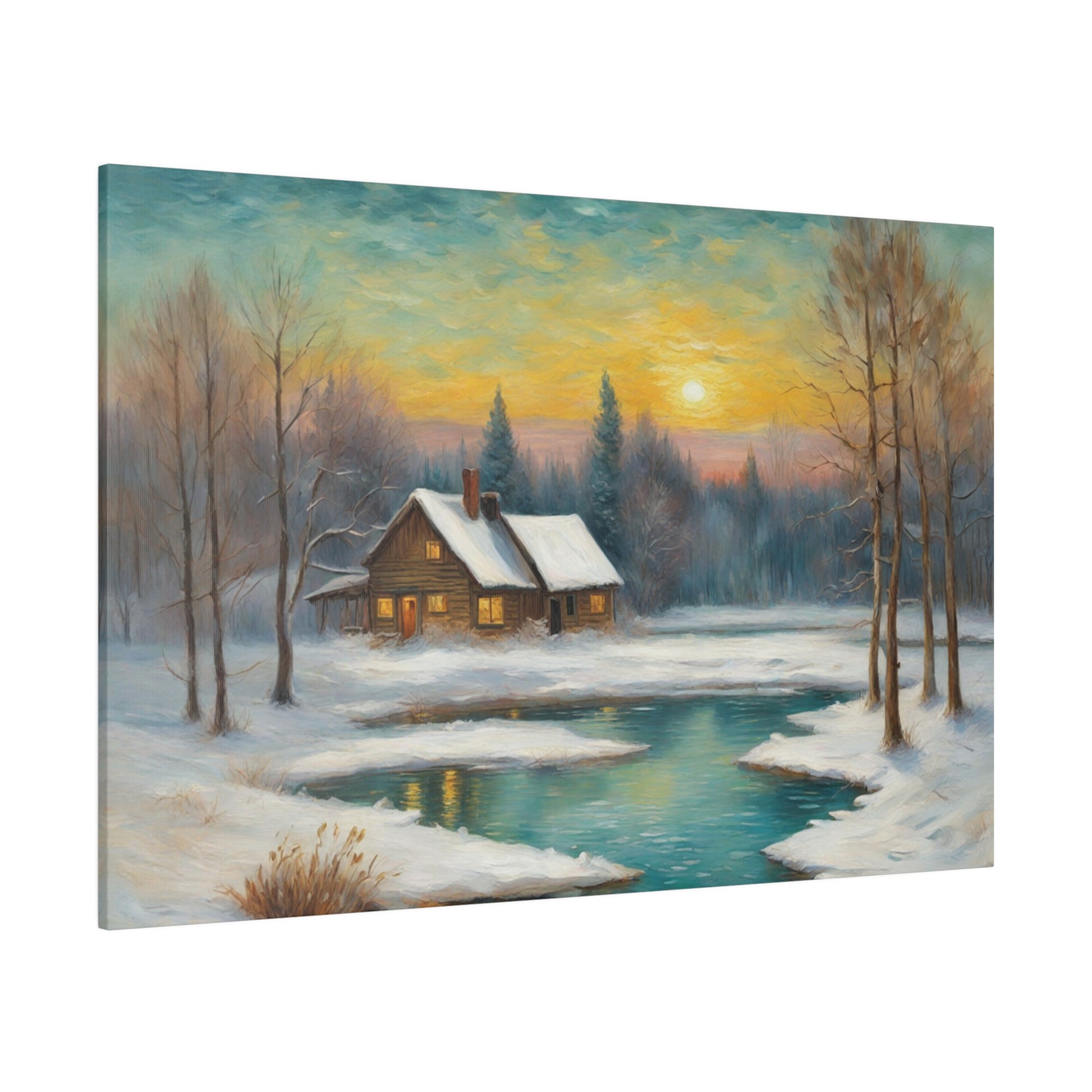 A cozy cabin with a snow-covered roof sits beside a calm, partially frozen pond, surrounded by bare trees and distant evergreen forests under a setting sun. Warm light emanates from the cabin windows, contrasting with the cool tones of the snow and water.