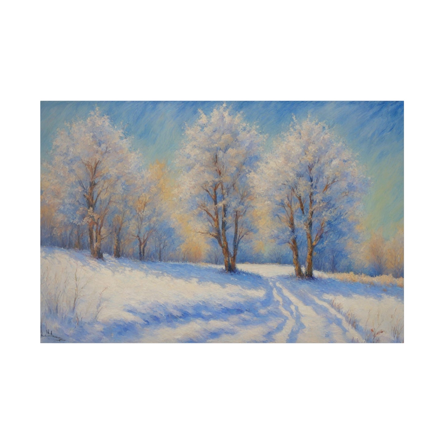 Step into a world of pure serenity with "Winter's Glow." The artist has expertly captured the quiet beauty of a countryside blanketed in snow, where every detail—from the delicate frost on the trees to the smooth drifts of snow—contributes to a scene of absolute calm. The blueish tint from the sky creates a subtle, ethereal glow that enhances the peaceful atmosphere. This print is ideal for any room that seeks to evoke the quiet, reflective beauty of winter.