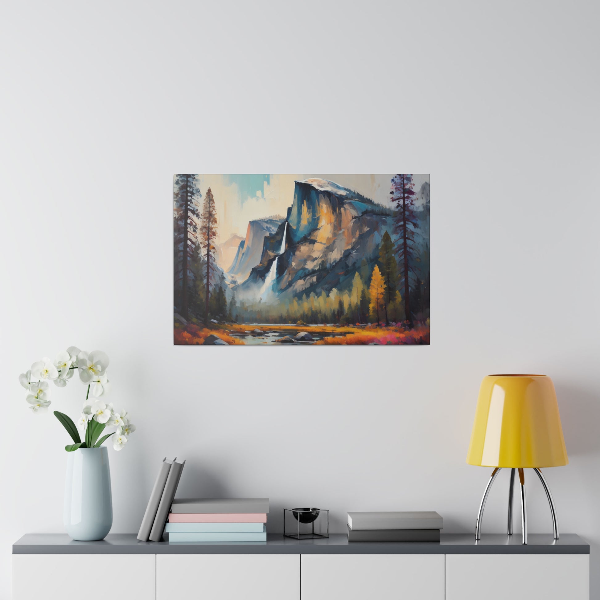 This stunning abstract canvas print, titled "Ethereal Granite Majesty," captures the awe-inspiring beauty of Yosemite National Park through a contemporary and imaginative lens. The artwork reimagines the iconic granite cliffs and lush valleys in a burst of vibrant, swirling colors that merge and dance across the canvas.