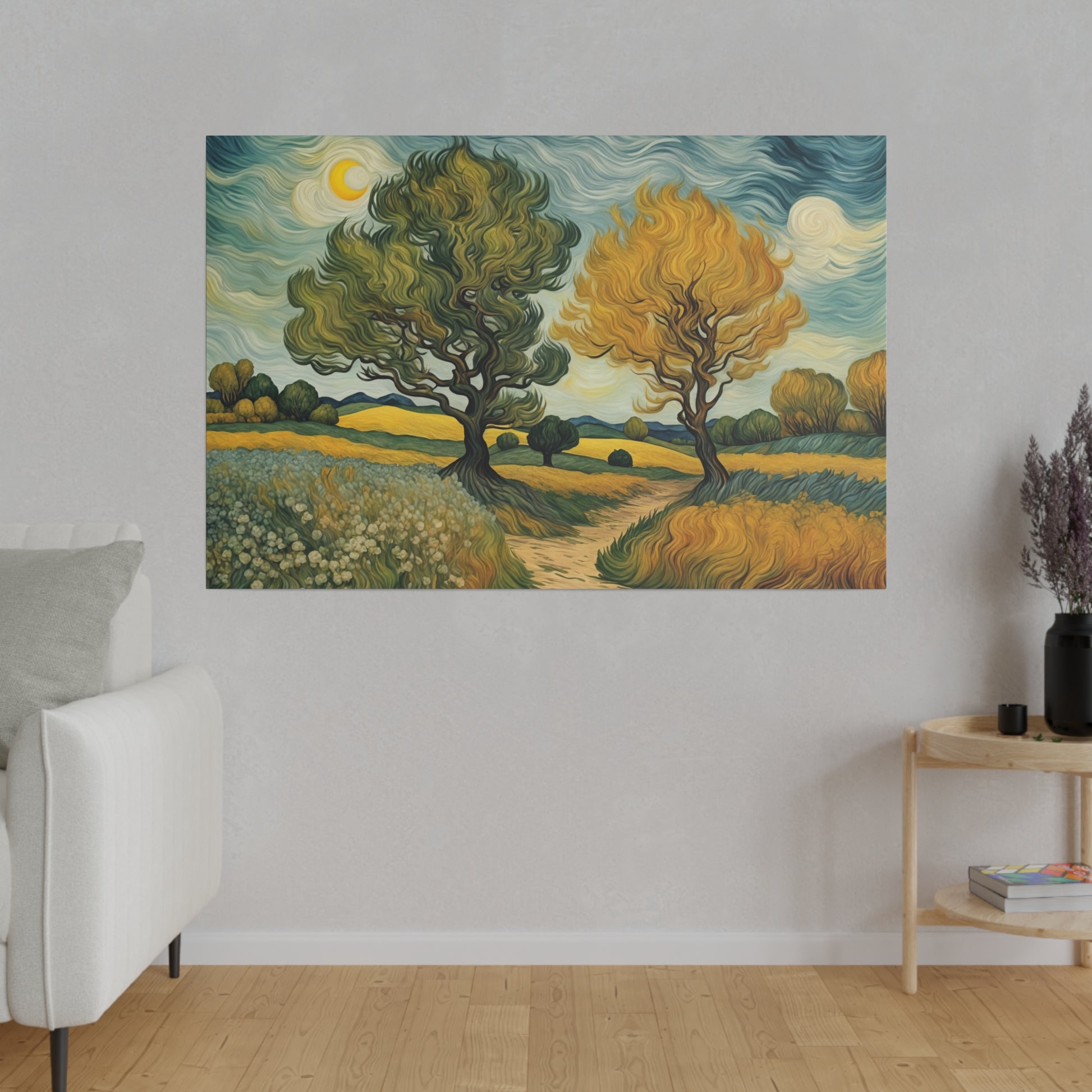 Imagine a nature-inspired painting in the distinctive style of Vincent van Gogh, where every element is infused with his signature energy and emotion. The scene is alive with swirling brushstrokes and vibrant colors, creating a landscape that feels both real and dreamlike.