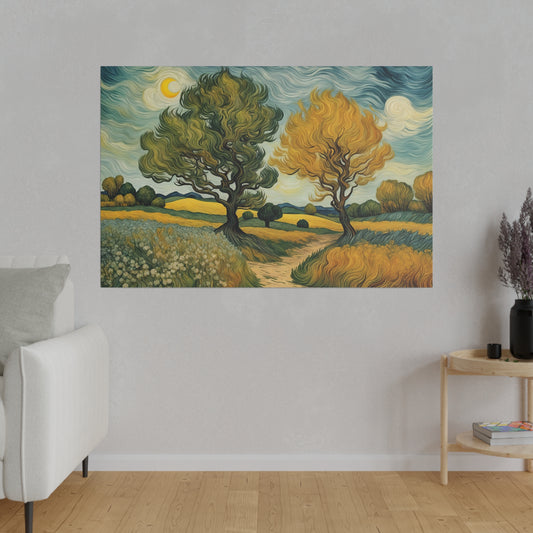 Imagine a nature-inspired painting in the distinctive style of Vincent van Gogh, where every element is infused with his signature energy and emotion. The scene is alive with swirling brushstrokes and vibrant colors, creating a landscape that feels both real and dreamlike.