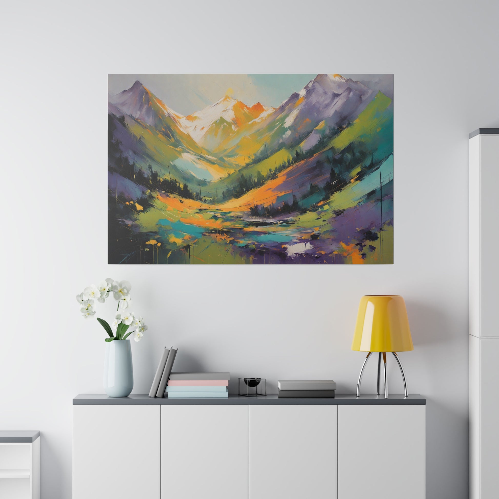 Imagine a vibrant, abstract print of the Sierra Nevada Mountains. The valley is awash with bold, sweeping colors bright oranges, and vivid purples—creating a sense of dynamic movement and energy. These intense hues blend and transition seamlessly, forming a dramatic tapestry that flows upward.