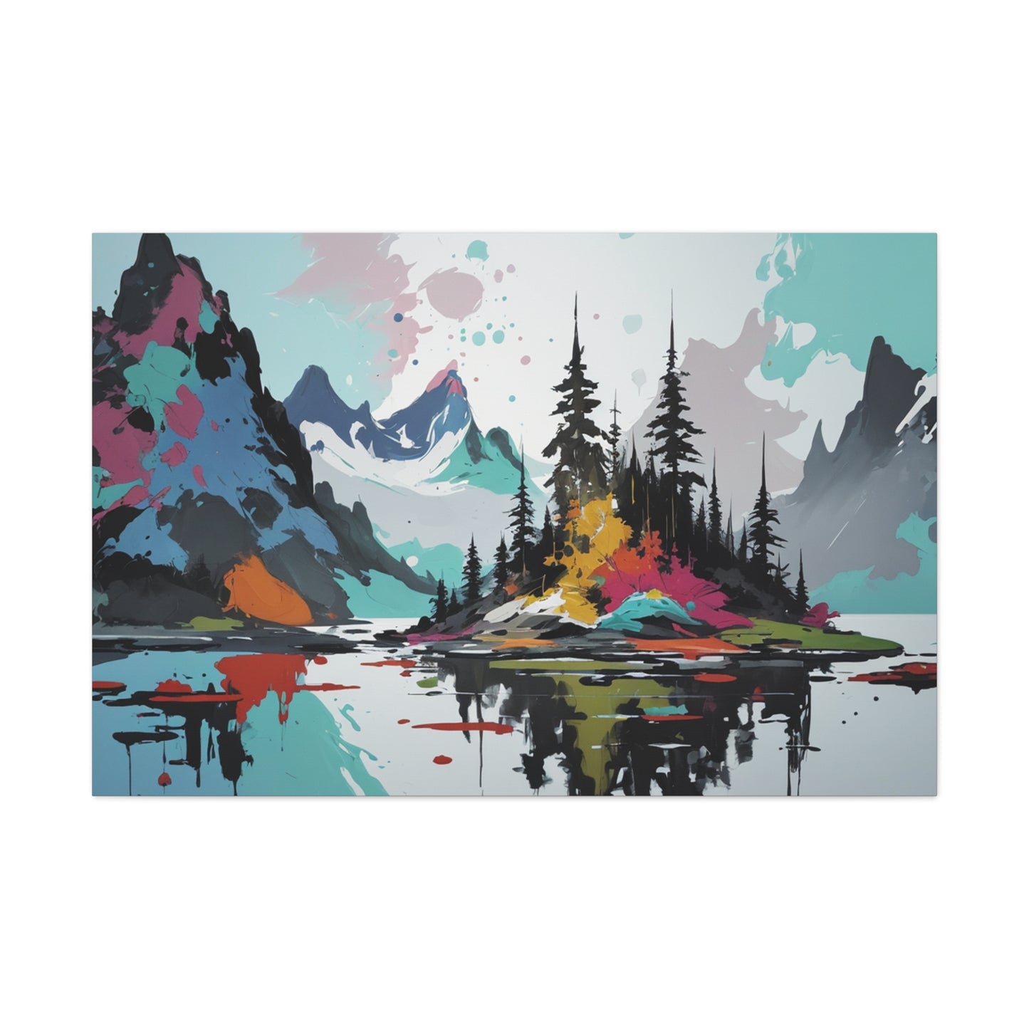 Bring a harmonious blend of art and nature into your home with "Mystic Beauty of Spirit Island." The artist’s abstract approach transforms the familiar landscape into a vibrant and imaginative scene, where colors and forms dance together in perfect harmony. The serene waters, mountains and majestic trees of Spirit Island are reimagined in a way that sparks curiosity and wonder. This print is a versatile addition to any decor, enhancing both modern and traditional interiors with its unique and captivating de