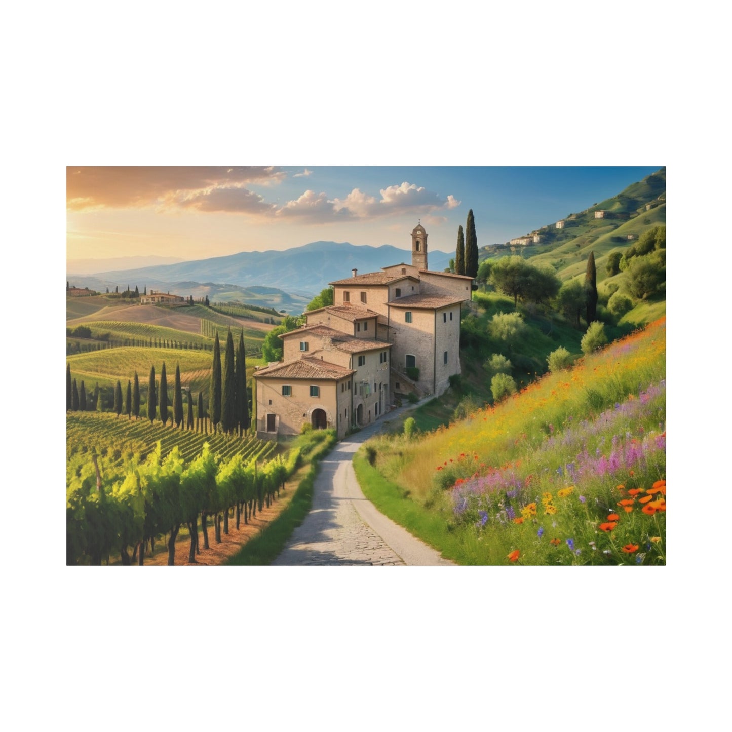 The print captures the essence of a peaceful, sun-drenched afternoon in the Italian wine countryside, where time seems to slow down, and the simple pleasures of life take center stage. The play of light and shadow, the rich textures and colors, and the harmonious composition all work together to create a painting that is both captivating and serene. This impressionist print transports the viewer to a place of beauty and tranquility, where the stresses of modern life melt away, leaving only the timeless allu