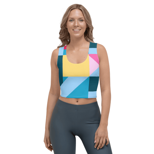 This Colorful Geometric Print Crop Top is the perfect piece of stylish and comfortable fashion. Cut for a flattering fit, the sleeveless top features a vibrant geometric print that's sure to make a statement. Perfect for everyday wear.